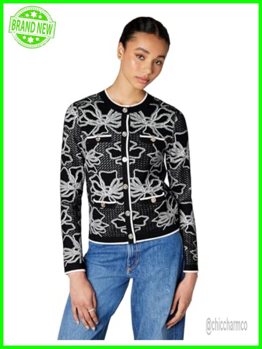 Floral Detail Button Cardigan Sweater Long Sleeve Round Neck